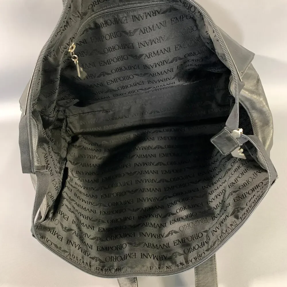 Emporio Armani Black Leather Weekender Bag One Size